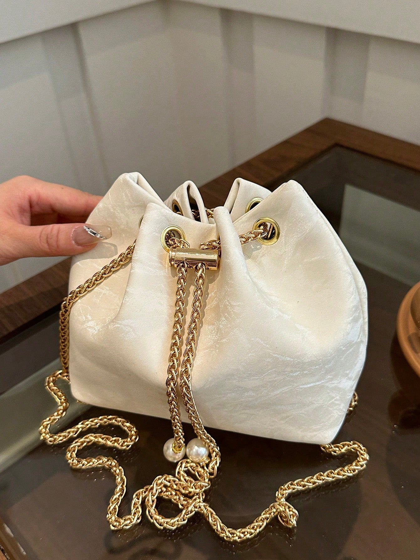 Fashion Solid Color Hollow Out Woven Chain Drawstring Mini Crossbody Bucket Bag