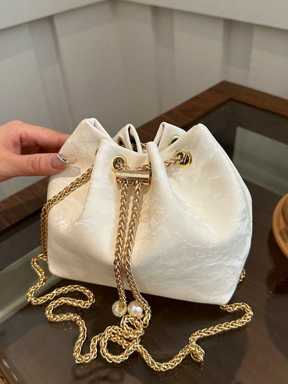 Fashion Solid Color Hollow Out Woven Chain Drawstring Mini Crossbody Bucket Bag