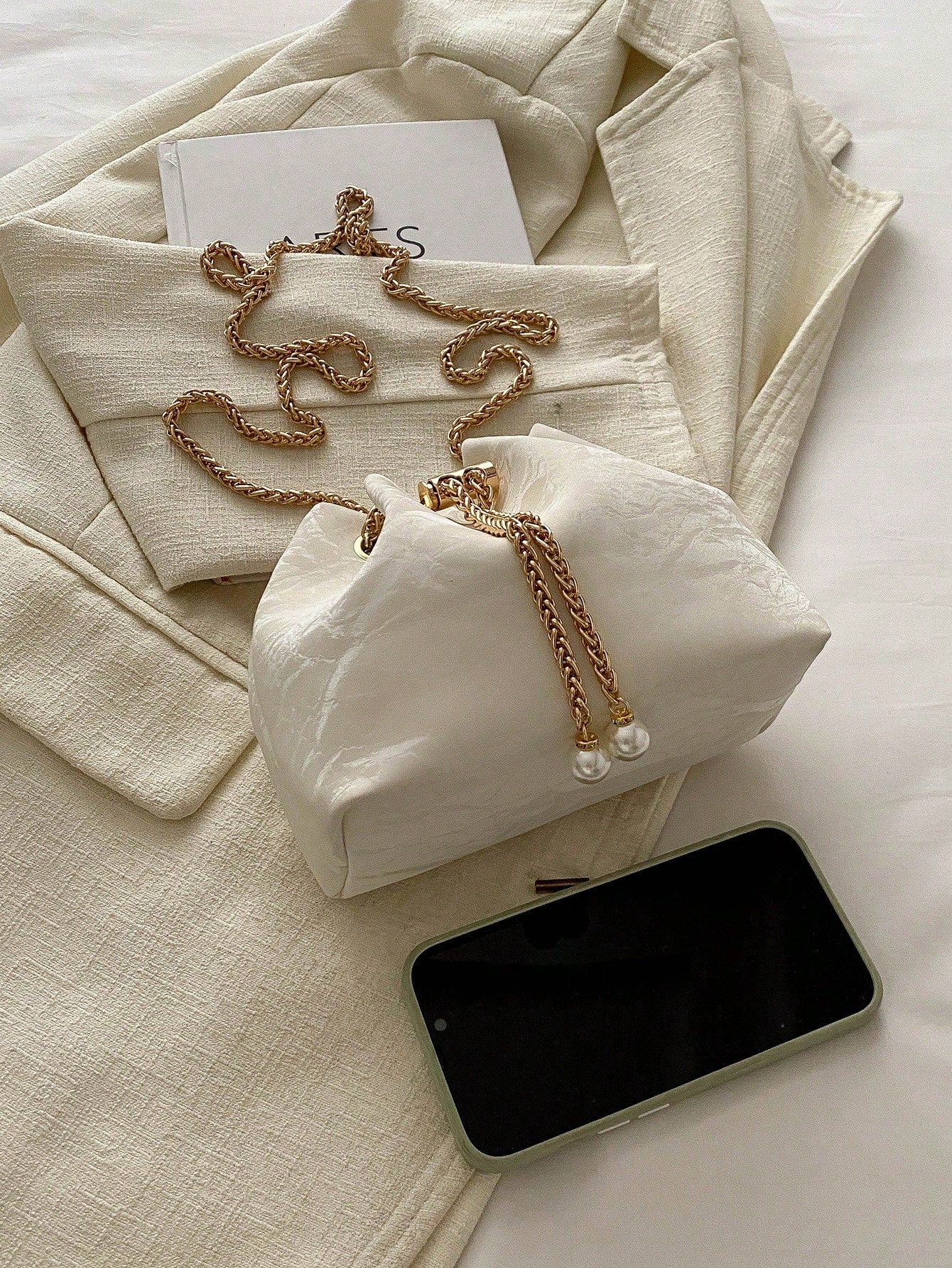 Fashion Solid Color Hollow Out Woven Chain Drawstring Mini Crossbody Bucket Bag