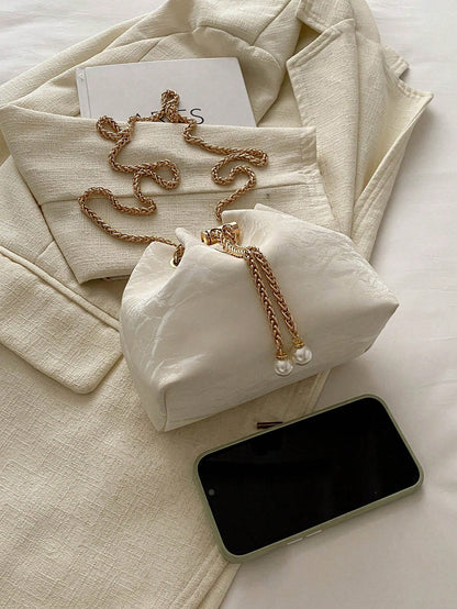 Fashion Solid Color Hollow Out Woven Chain Drawstring Mini Crossbody Bucket Bag