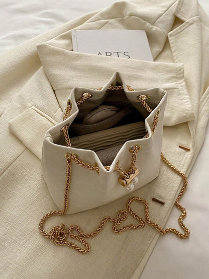 Fashion Solid Color Hollow Out Woven Chain Drawstring Mini Crossbody Bucket Bag