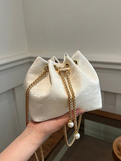 Fashion Solid Color Hollow Out Woven Chain Drawstring Mini Crossbody Bucket Bag