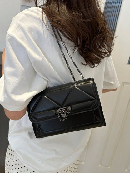 1pc Minimalist Fashion Indentation Diamond Shape Square Bag Lock Closure Flap Opening Metal Chain Shoulder Bag Suitable For Women's Daily Casual Use