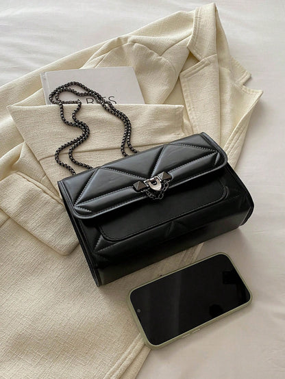1pc Minimalist Fashion Indentation Diamond Shape Square Bag Lock Closure Flap Opening Metal Chain Shoulder Bag Suitable For Women's Daily Casual Use