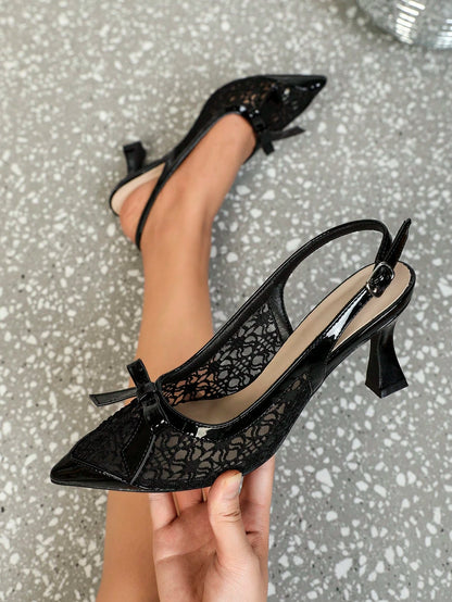 Women's Black High Heels With Pointed Toe, Thin Heels, Butterfly Decoration, Mesh Lace, Fashionable, Suitable For Parties And Formal Events Valentines