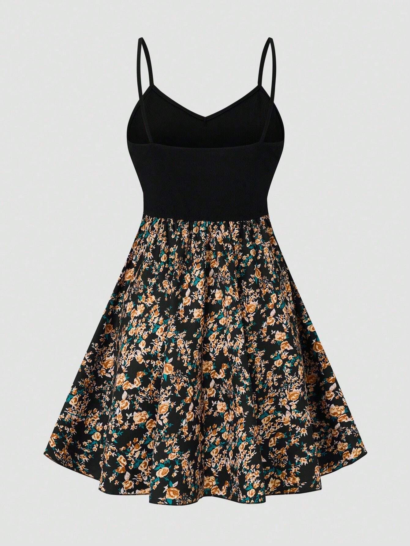 SHEIN LUNE Women's Floral Print Patchwork Slip Dress, Casual Vacation Style