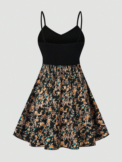 SHEIN LUNE Women's Floral Print Patchwork Slip Dress, Casual Vacation Style