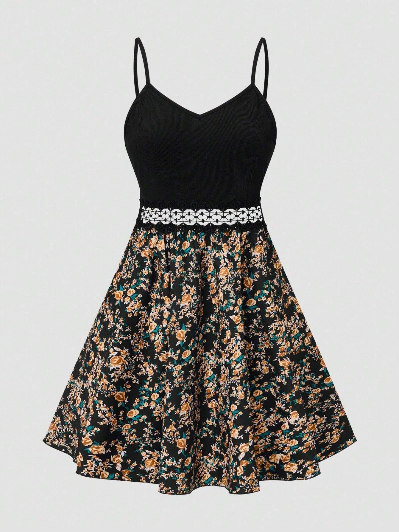 SHEIN LUNE Women's Floral Print Patchwork Slip Dress, Casual Vacation Style