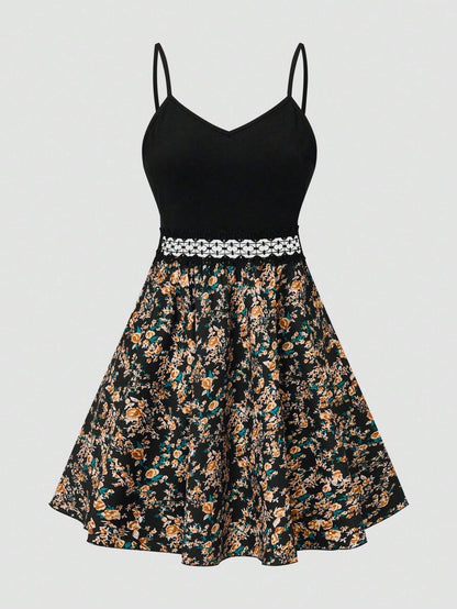 SHEIN LUNE Women's Floral Print Patchwork Slip Dress, Casual Vacation Style