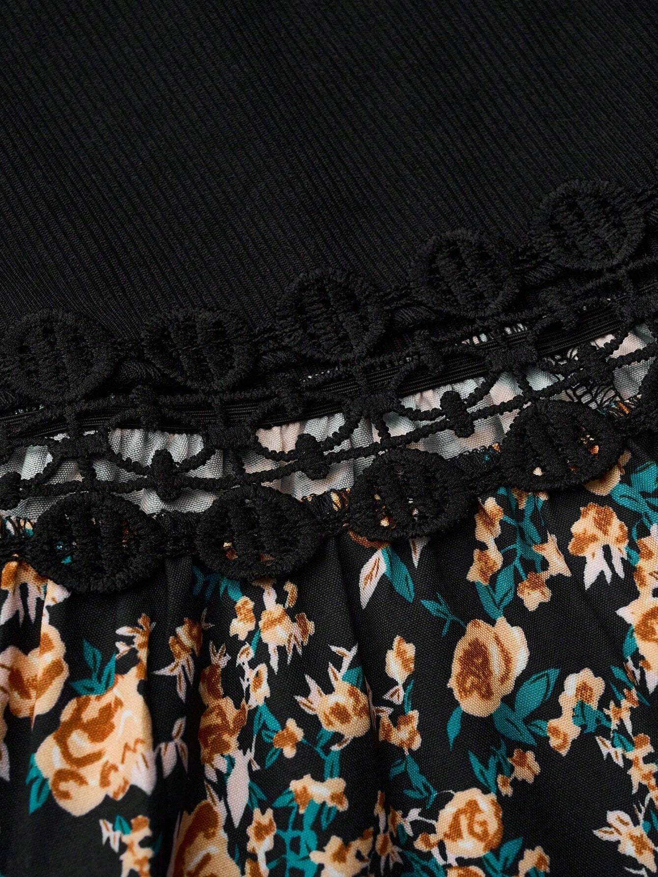 SHEIN LUNE Women's Floral Print Patchwork Slip Dress, Casual Vacation Style