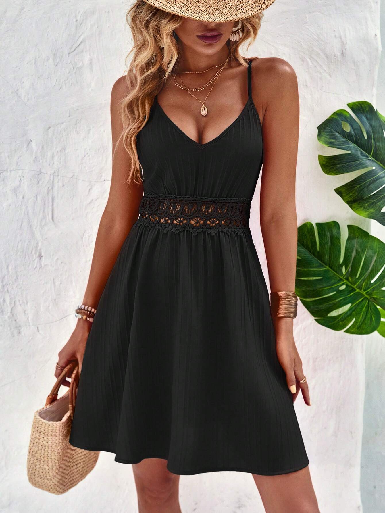 Breezaya Summer Holiday Lace Splicing Waist Cinched Cami Dress