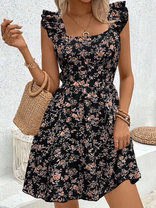 Breezaya Floral Printed Hollow Out Hem Ruffle Trim Decorated Dress Vacation Beach Outfits Women