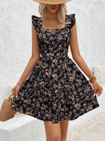 Breezaya Floral Printed Hollow Out Hem Ruffle Trim Decorated Dress Vacation Beach Outfits Women