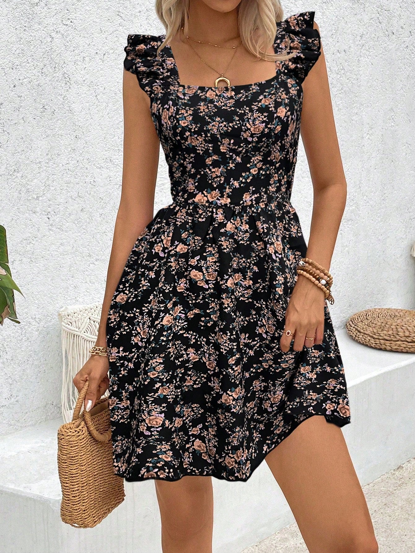 Breezaya Floral Printed Hollow Out Hem Ruffle Trim Decorated Dress Vacation Beach Outfits Women
