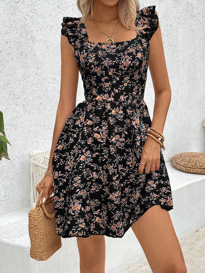 Breezaya Floral Printed Hollow Out Hem Ruffle Trim Decorated Dress Vacation Beach Outfits Women