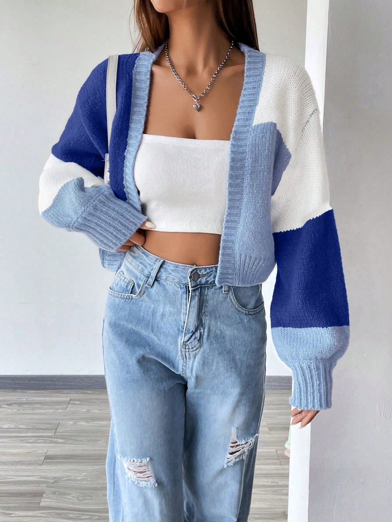 Flirla Colorblock Drop Shoulder Duster Cardigan,Long Sleeve Tops Fall Winter Cloth For Women