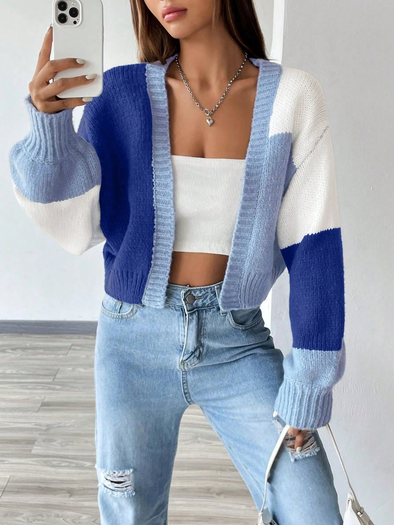 Flirla Colorblock Drop Shoulder Duster Cardigan,Long Sleeve Tops Fall Winter Cloth For Women