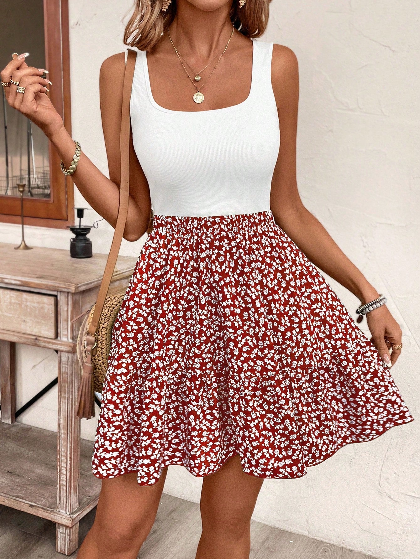 SHEIN Frenchy Summer Vacation Ladies' Floral Pattern Sleeveless A Line Waist-Cinching Dress
