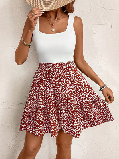 SHEIN Frenchy Summer Vacation Ladies' Floral Pattern Sleeveless A Line Waist-Cinching Dress