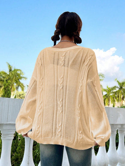 Flirla Casual Minimalist Solid Color Dropped Shoulder Loose Knit Sweater, Autumn/Winter Knit Pullover Fall Outfit