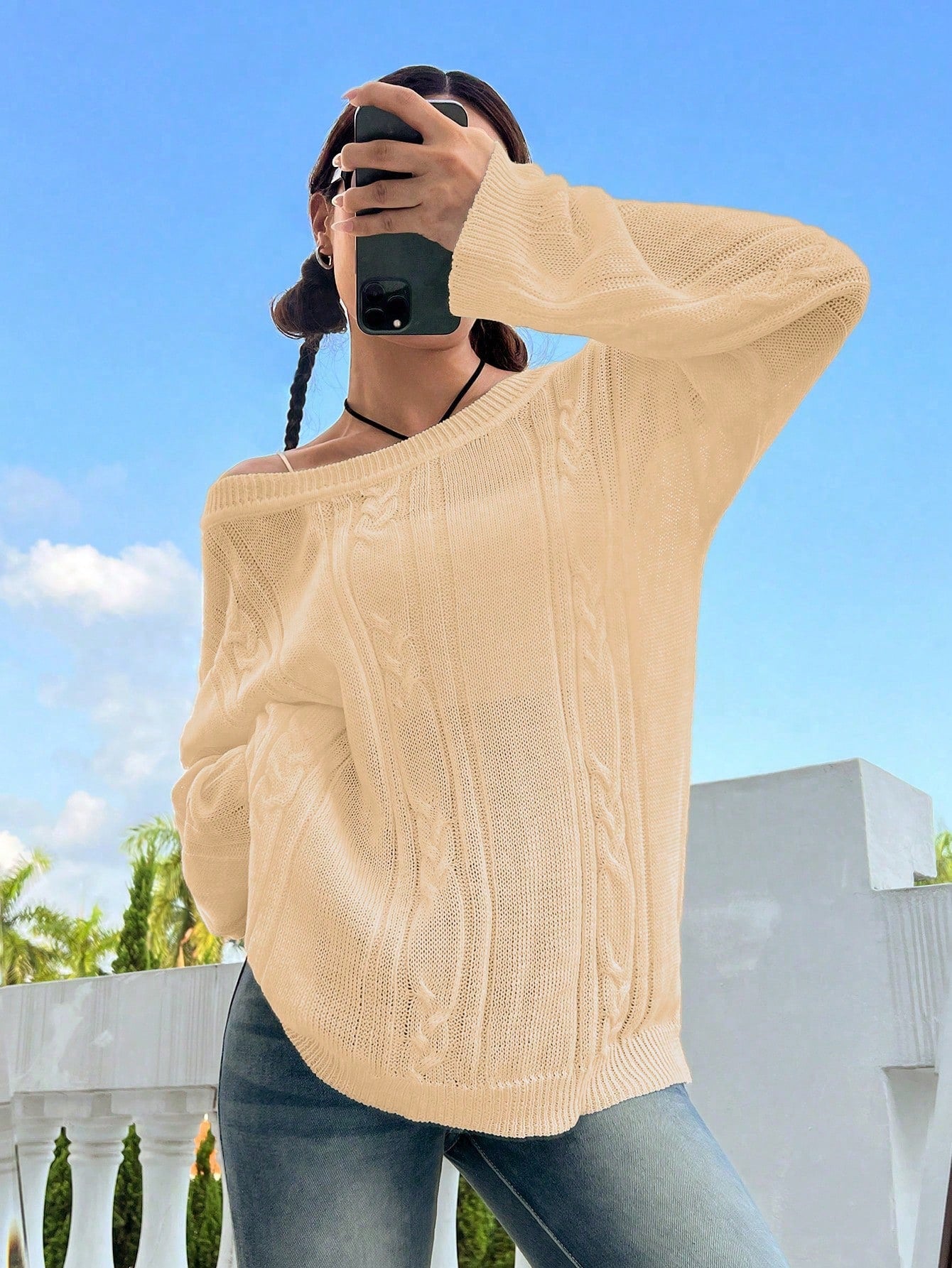 Flirla Casual Minimalist Solid Color Dropped Shoulder Loose Knit Sweater, Autumn/Winter Knit Pullover Fall Outfit