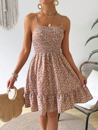 SHEIN VCAY Women's Summer Holiday Ditsy Floral Shirred Cami Casual Dress With Ruffle Hem