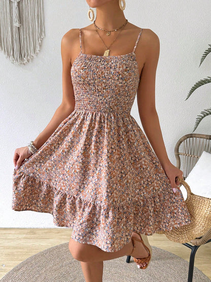 SHEIN VCAY Women's Summer Holiday Ditsy Floral Shirred Cami Casual Dress With Ruffle Hem