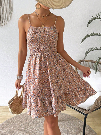 SHEIN VCAY Women's Summer Holiday Ditsy Floral Shirred Cami Casual Dress With Ruffle Hem