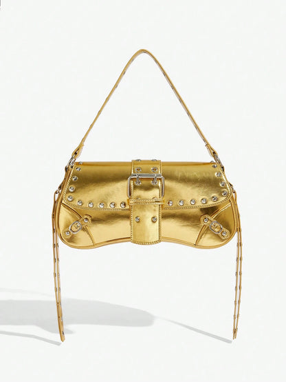 SHEIN X Lucía Bellido SHEIN SXY Fashionable Black Stud Shoulder Bag For Women, Versatile, Shopping Bag, Cool, Street Bag, Teenagers