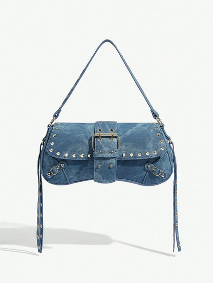 SHEIN X Lucía Bellido SHEIN SXY Fashionable Black Stud Shoulder Bag For Women, Versatile, Shopping Bag, Cool, Street Bag, Teenagers