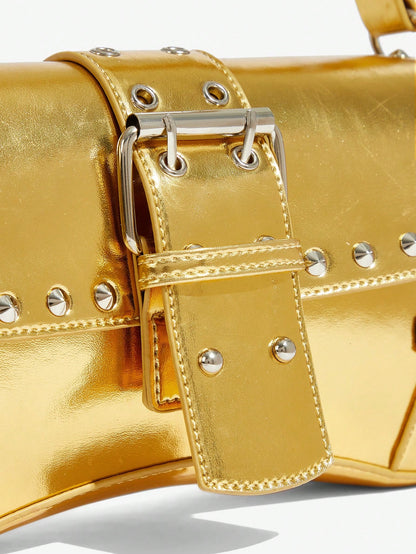 SHEIN X Lucía Bellido SHEIN SXY Fashionable Black Stud Shoulder Bag For Women, Versatile, Shopping Bag, Cool, Street Bag, Teenagers