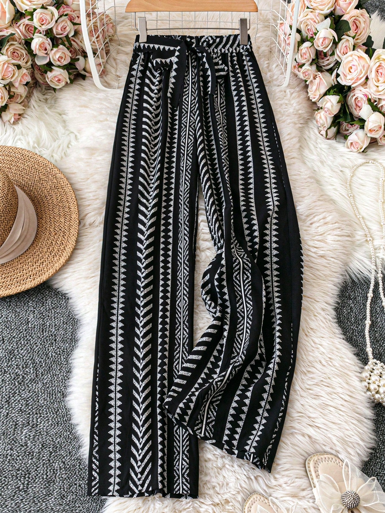 Breezaya Allover Print Belted Wide Leg Casual Vacation Pants Fall Cloth For Women