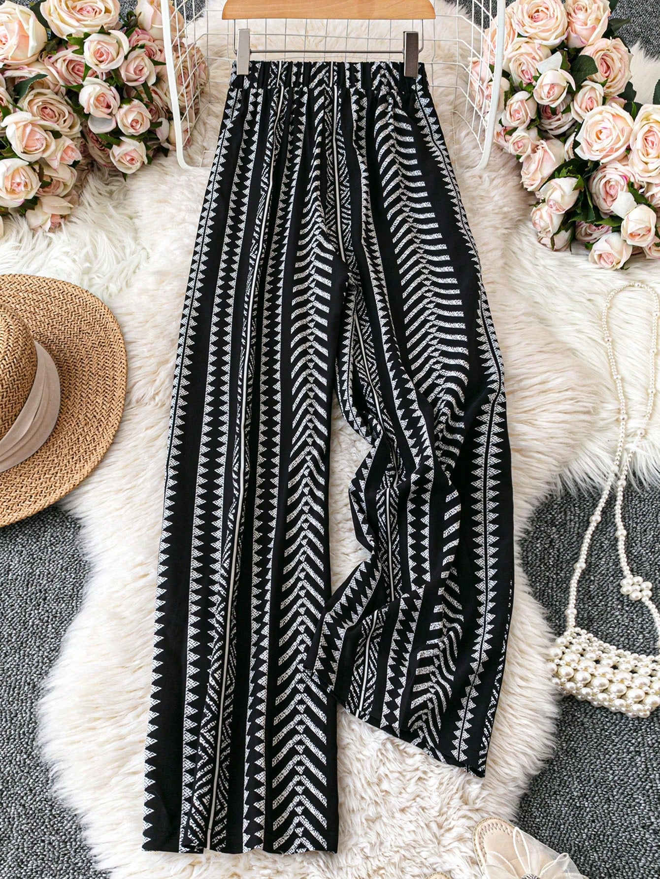 Breezaya Allover Print Belted Wide Leg Casual Vacation Pants Fall Cloth For Women