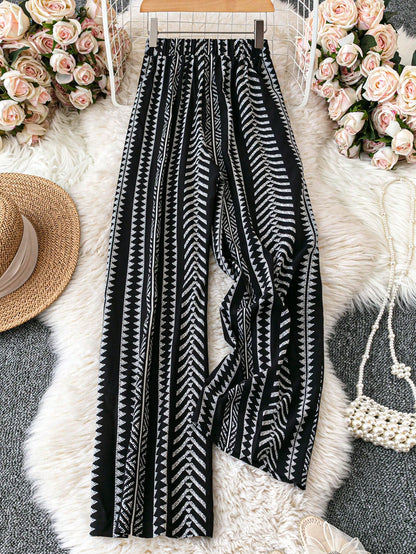 Breezaya Allover Print Belted Wide Leg Casual Vacation Pants Fall Cloth For Women