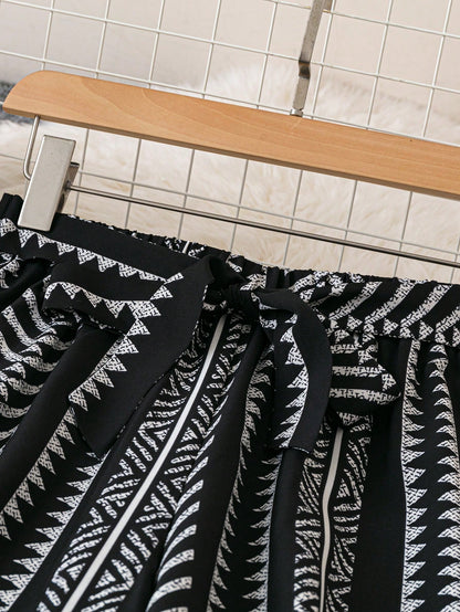 Breezaya Allover Print Belted Wide Leg Casual Vacation Pants Fall Cloth For Women