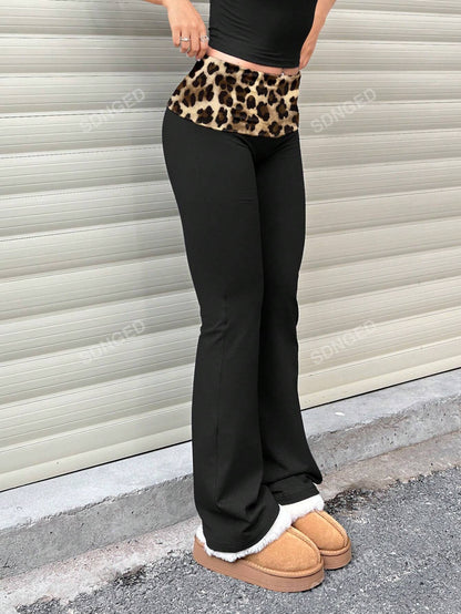 Women's Casual Solid Color Wide-Waist Flare Pants, Leggings Fold-Over Waist High Waist Ruched Slim Fit