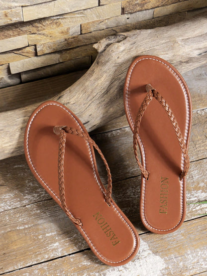 Fashionable Woven Flat Sandals Women's Toe-Strap Flip Flops