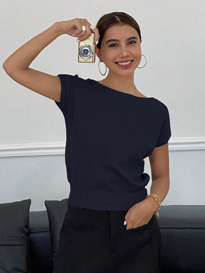 Livesso Solid Color Slim Fit Short Sleeve Knitted Top For Women Summer,Teacher Outfits