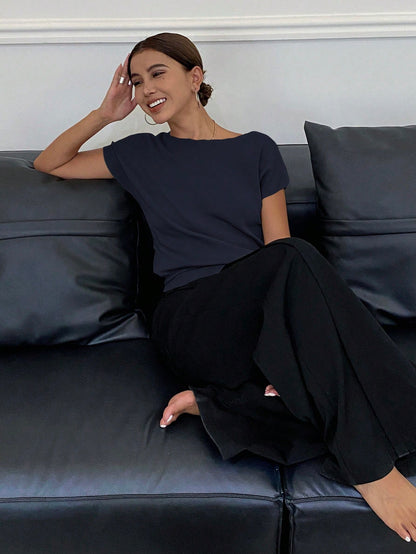 Livesso Solid Color Slim Fit Short Sleeve Knitted Top For Women Summer,Teacher Outfits