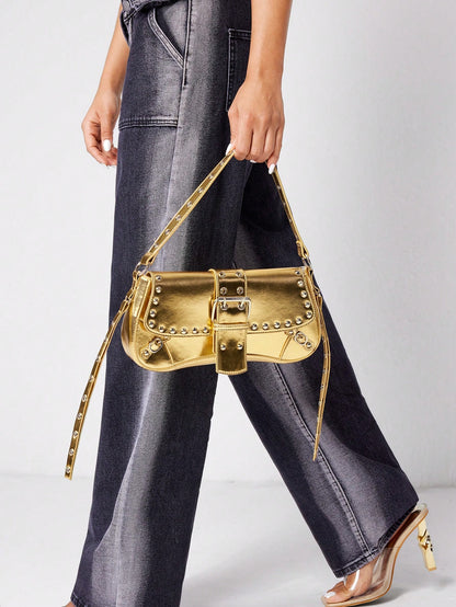 SHEIN X Lucía Bellido SHEIN SXY Fashionable Black Stud Shoulder Bag For Women, Versatile, Shopping Bag, Cool, Street Bag, Teenagers