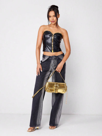 SHEIN X Lucía Bellido SHEIN SXY Fashionable Black Stud Shoulder Bag For Women, Versatile, Shopping Bag, Cool, Street Bag, Teenagers