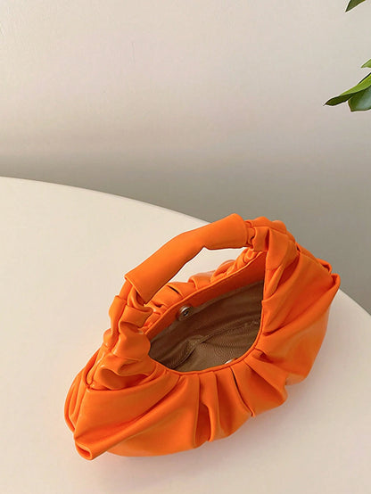 2024 New Style Cloud-Shaped Ruched Orange Bag, Handheld Bag, Versatile Casual Women's Bag, Crescent-Shaped Clutch Bag