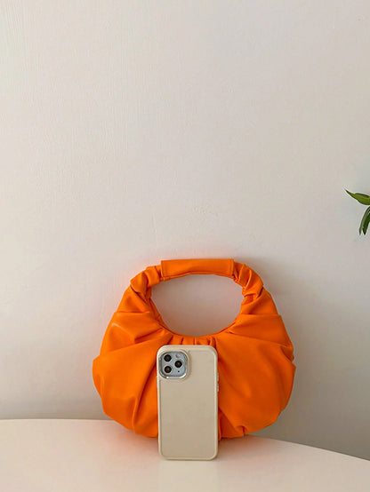 2024 New Style Cloud-Shaped Ruched Orange Bag, Handheld Bag, Versatile Casual Women's Bag, Crescent-Shaped Clutch Bag