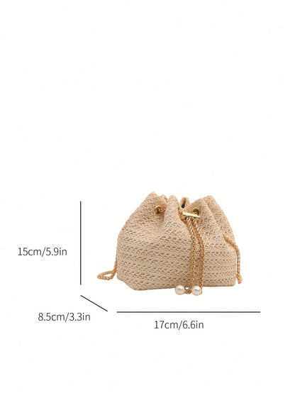 Fashion Solid Color Hollow Out Woven Chain Drawstring Mini Crossbody Bucket Bag