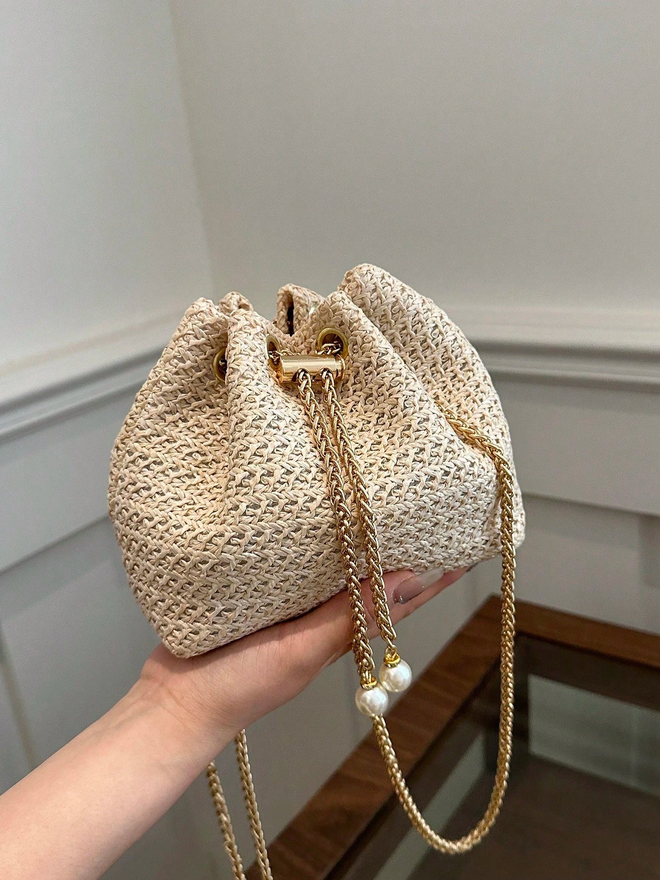 Fashion Solid Color Hollow Out Woven Chain Drawstring Mini Crossbody Bucket Bag