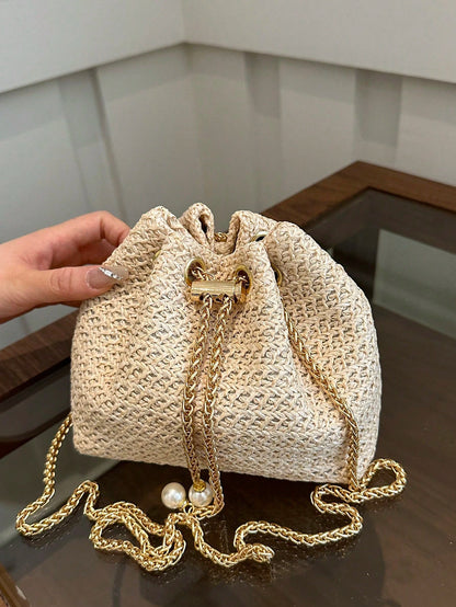 Fashion Solid Color Hollow Out Woven Chain Drawstring Mini Crossbody Bucket Bag