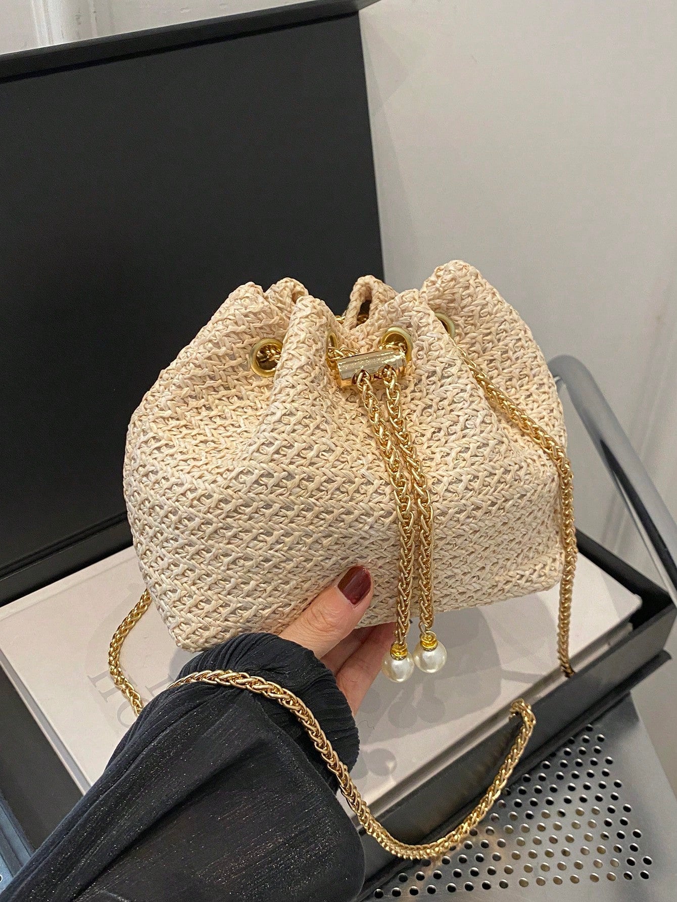 Fashion Solid Color Hollow Out Woven Chain Drawstring Mini Crossbody Bucket Bag