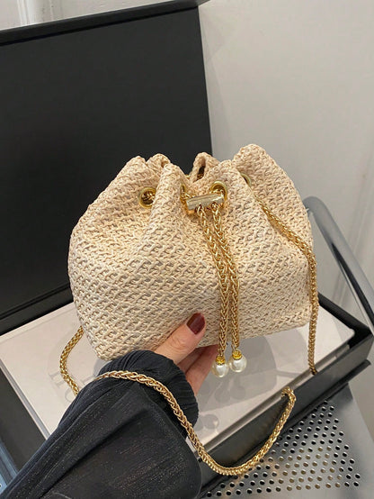 Fashion Solid Color Hollow Out Woven Chain Drawstring Mini Crossbody Bucket Bag
