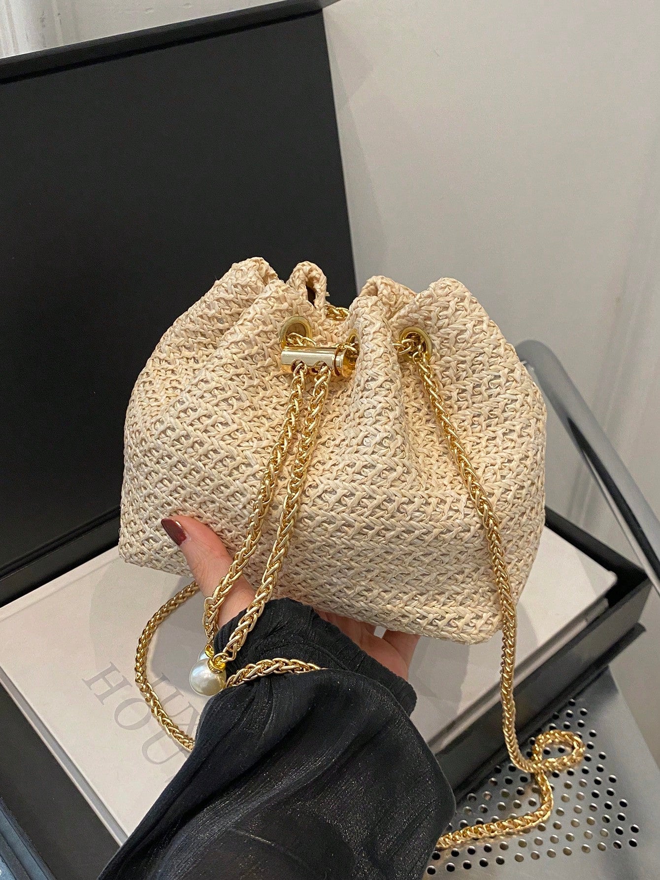 Fashion Solid Color Hollow Out Woven Chain Drawstring Mini Crossbody Bucket Bag