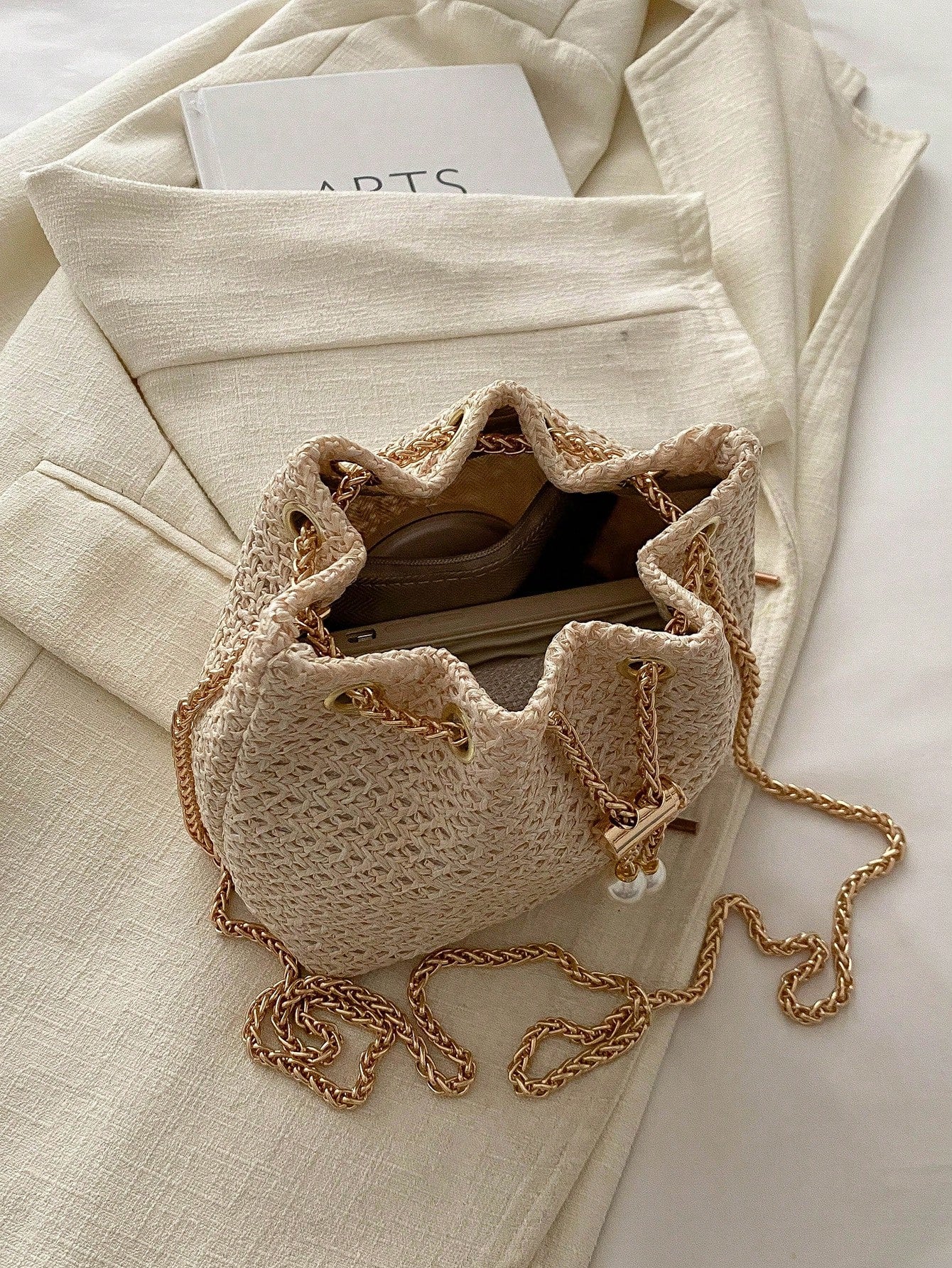 Fashion Solid Color Hollow Out Woven Chain Drawstring Mini Crossbody Bucket Bag